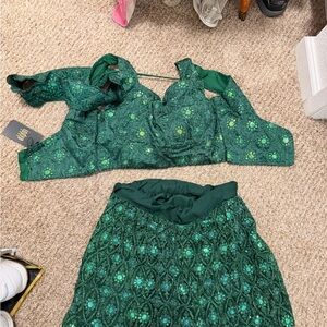 Green Embellished Two-Piece Crop Top and Skirt Set